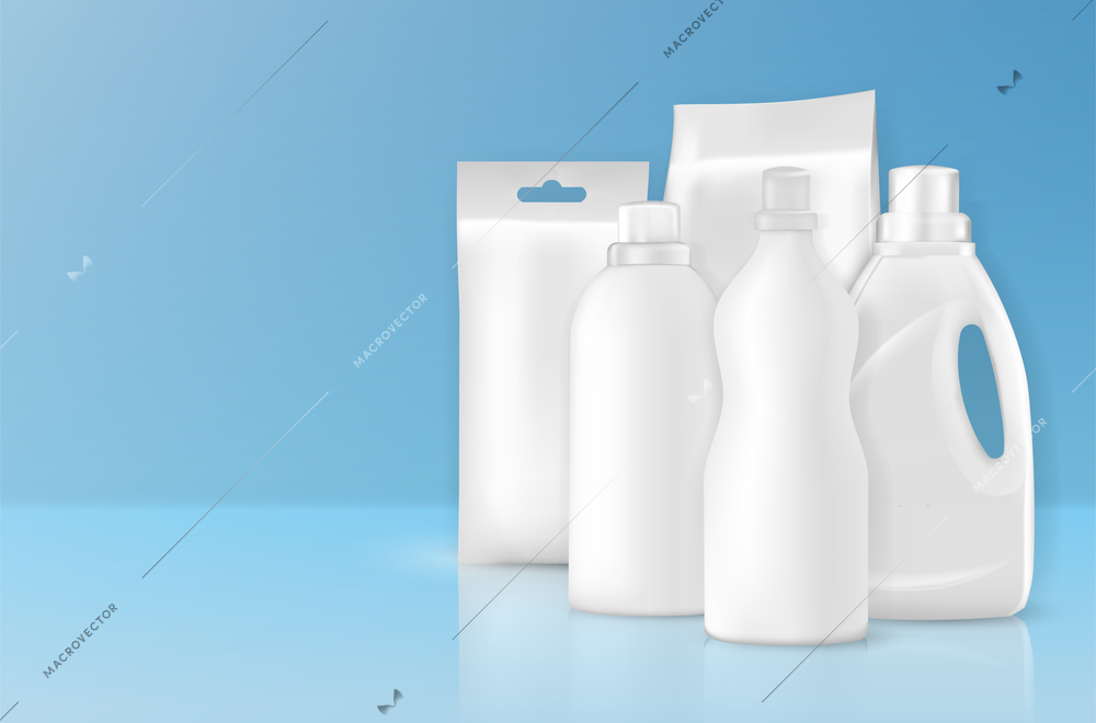 Detergent bottles packages realistic composition with abstract background and bunch of white plastic bottles with reflections vector illustration