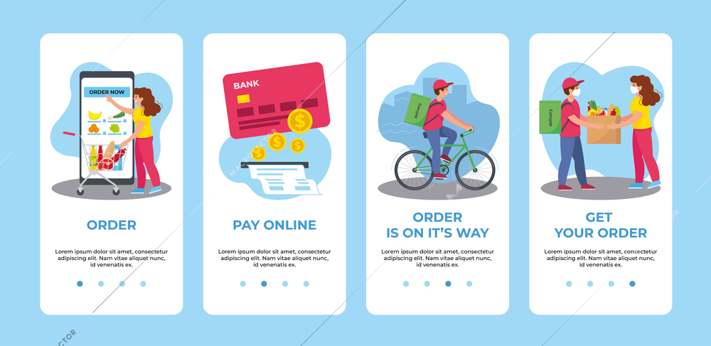 Set with four delivery courier service flat cards vertical banners with images text and page switch vector illustration
