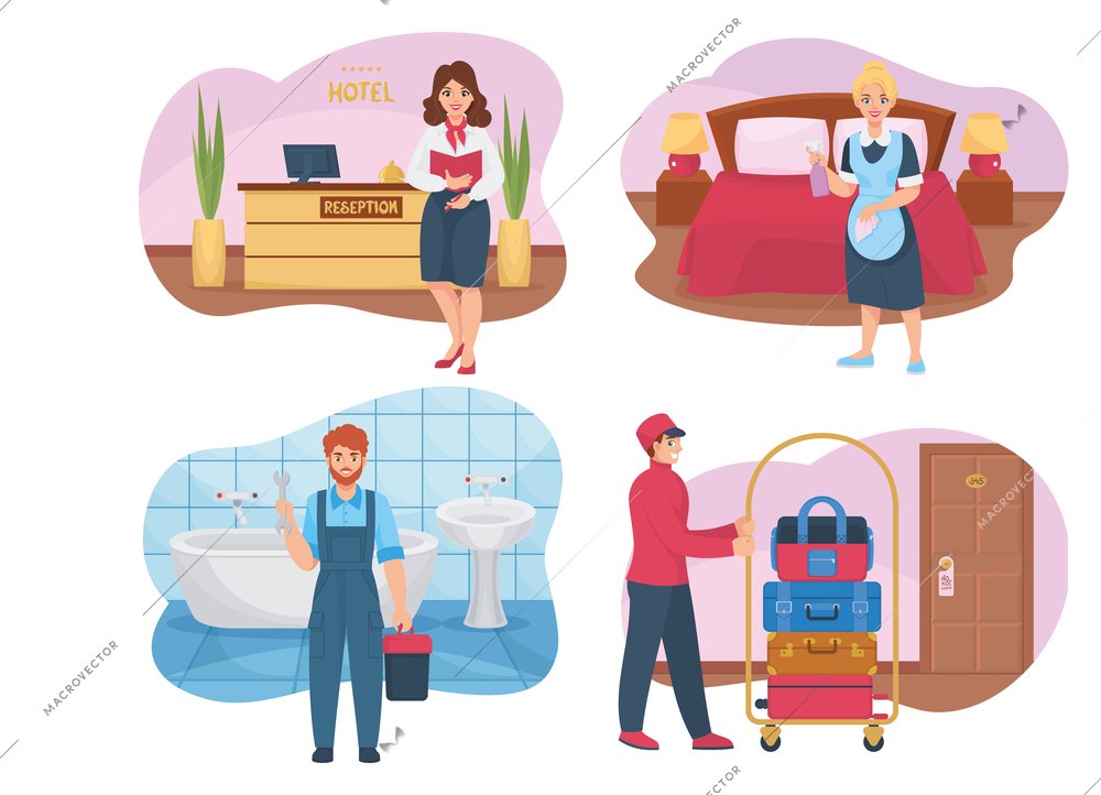 Set with four isolated hotel staff flat compositions with characters of maid receptionist porter and plumber vector illustration