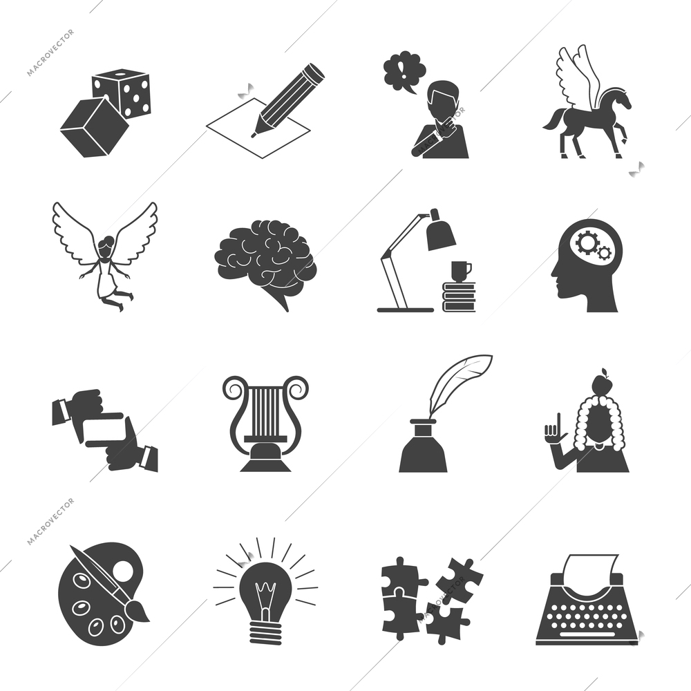 Muse and inspiration black icon set with typing machine brain color palette isolated vector illustration