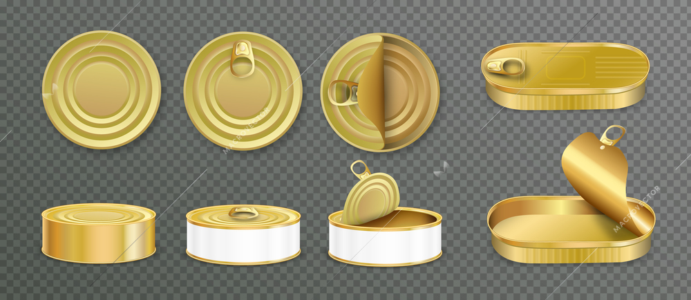 Set with isolated images of golden aluminium tins and cans with realistic icons on transparent background vector illustration