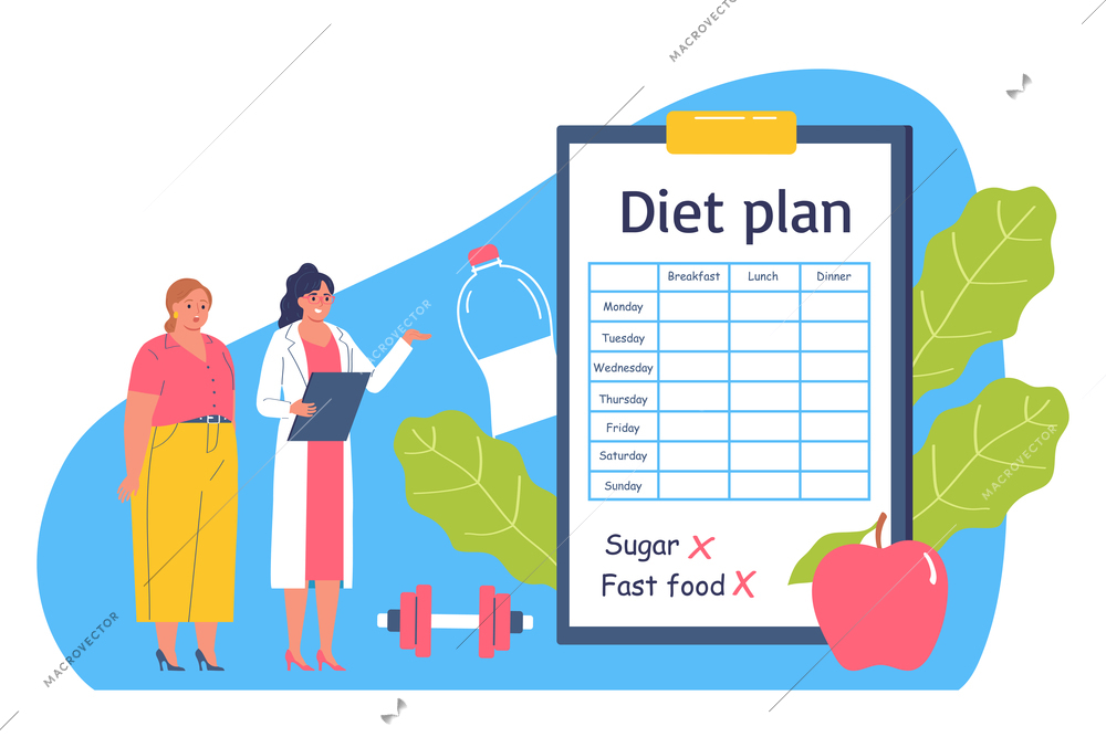 Nutritionist flat color composition with doctor giving recommendations to fat woman on proper nutrition vector illustration