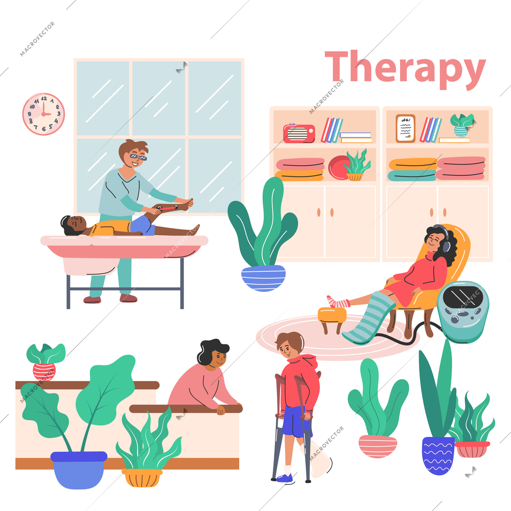 Physiotherapy and rehabilitation composition with therapy and healthcare symbols flat vector illustration