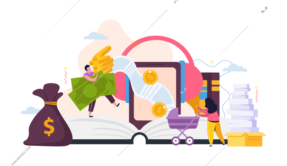 People earning money flat composition with human characters coins banknotes with baby stroller and education supplies vector illustration