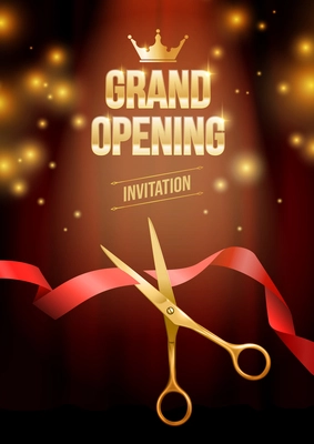 Grand opening realistic vertical poster invitation template with golden scissors cutting red ribbon vector illustration