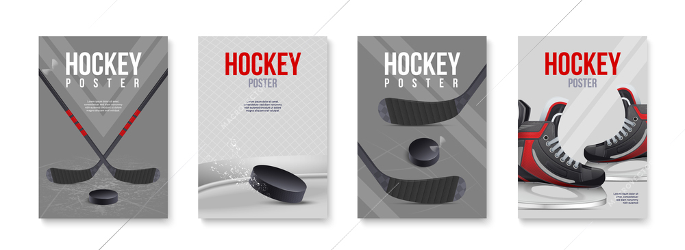 Four realistic vertical hockey posters set with sticks pucks and skates isolated vector illustration