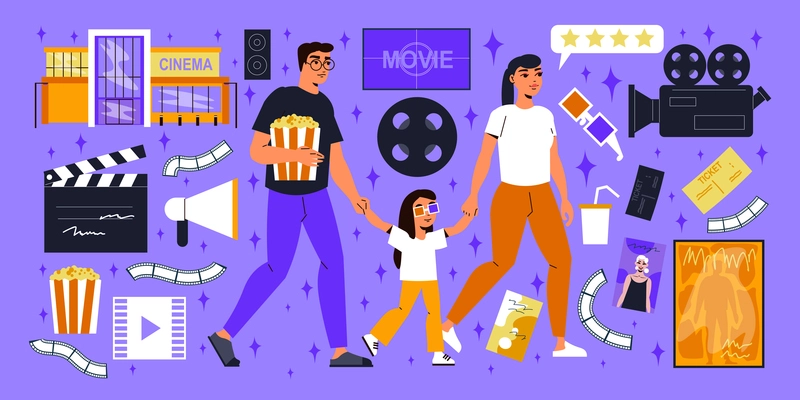 Cinema movie big set with isolated icons of junk food clapper camera and reel with family vector illustration