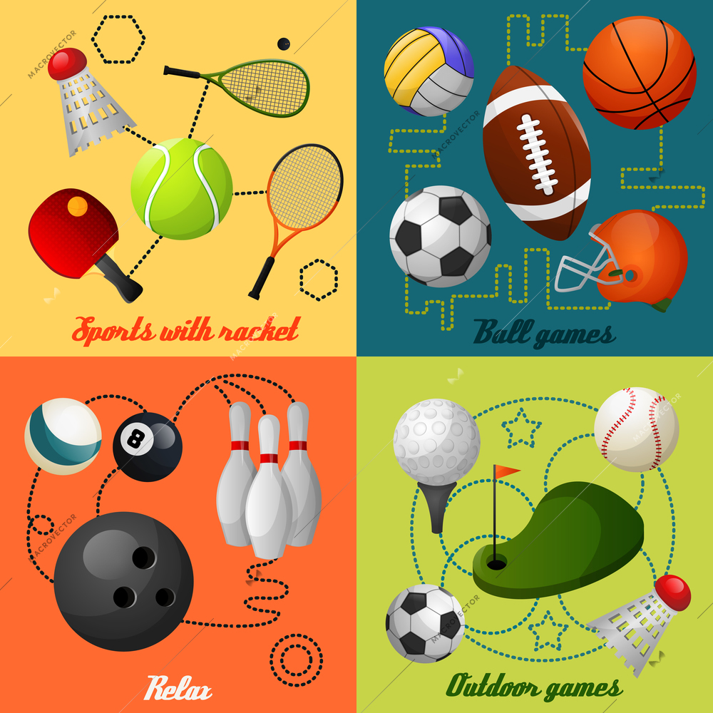 Outdoor sport games squash tennis soccer basketball rugby accessories four flat icons composition  abstract isolated vector illustration