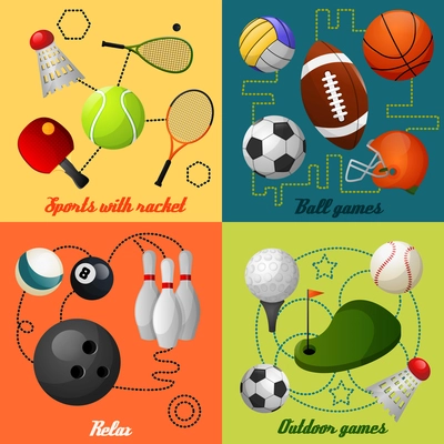 Outdoor sport games squash tennis soccer basketball rugby accessories four flat icons composition  abstract isolated vector illustration