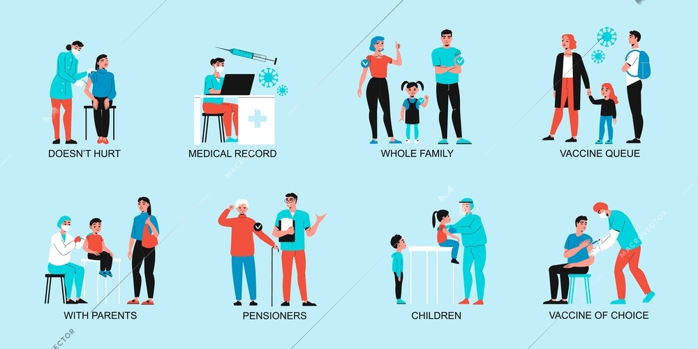 Vaccination set of isolated compositions with flat human characters of doctors giving vaccine shots with text vector illustration