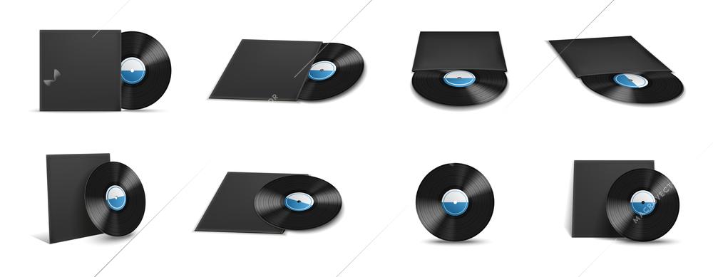 Vinyl record covers mockup realistic icon set with white and light blue labels vector illustration