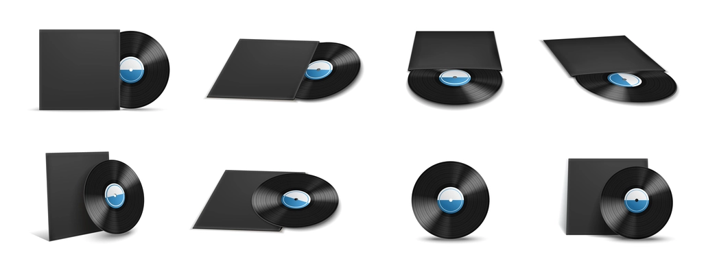 Vinyl record covers mockup realistic icon set with white and light blue labels vector illustration