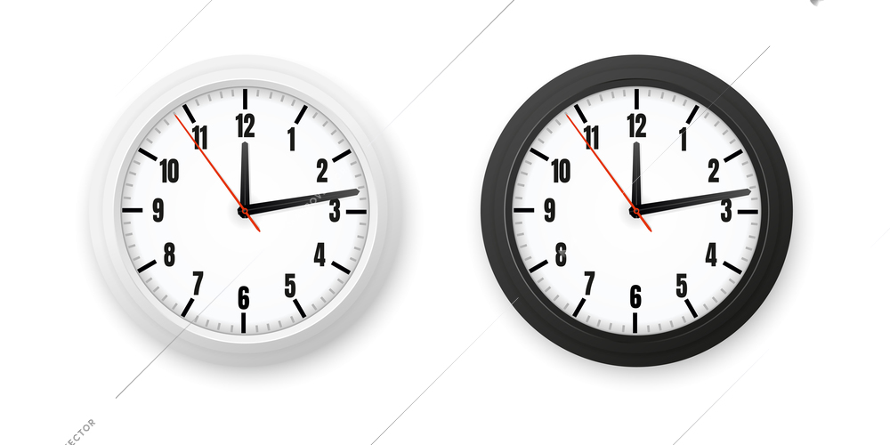 Set with isolated realistic images of office clock with white and black models on blank background vector illustration