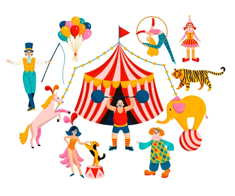 Colored circus composition with large circus tent animals and trainers circus artists and magicians vector illustration