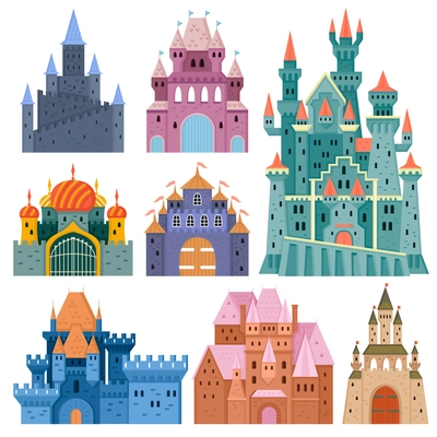 Kingdom castle icon set huge multi colored ones with flags and different kinds of roofs vector illustration
