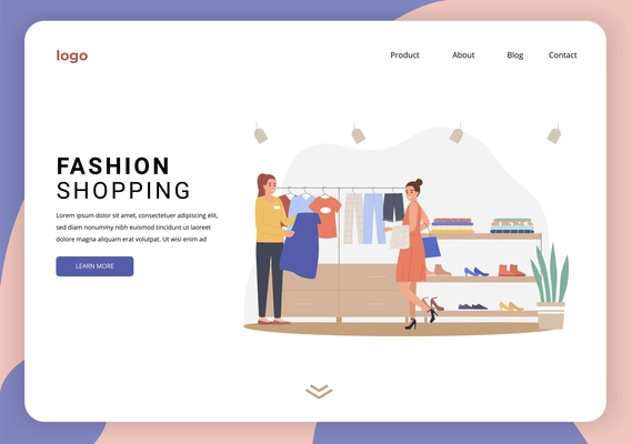 Web site landing page template for online fashion shopping with seller and buyer characters and place for logo flat  vector illustration