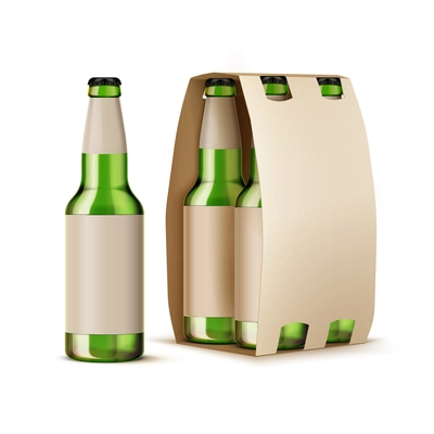 Mockup brown cardboard package for four beer bottles and one green glass bottle near realistic vector illustration