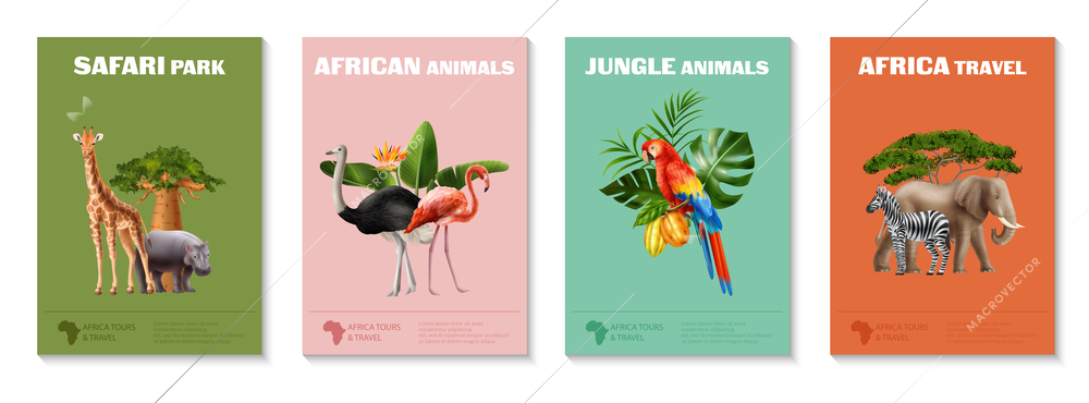 Realistic africa animals poster set with four vertical compositions of editable text flora and fauna images vector illustration