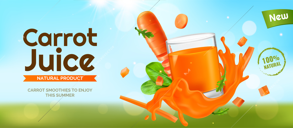 Realistic carrot horizontal poster with natural product big headline and carrot levitates next to glass of juice vector illustration