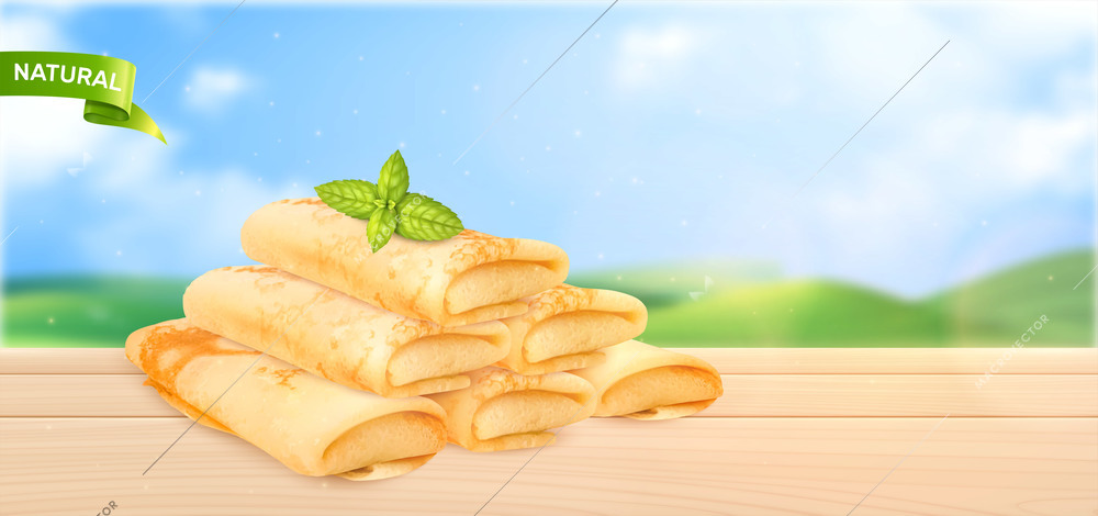 Maslenitsa realistic composition with stack of wrapped pancakes at rustic landscape background vector illustration