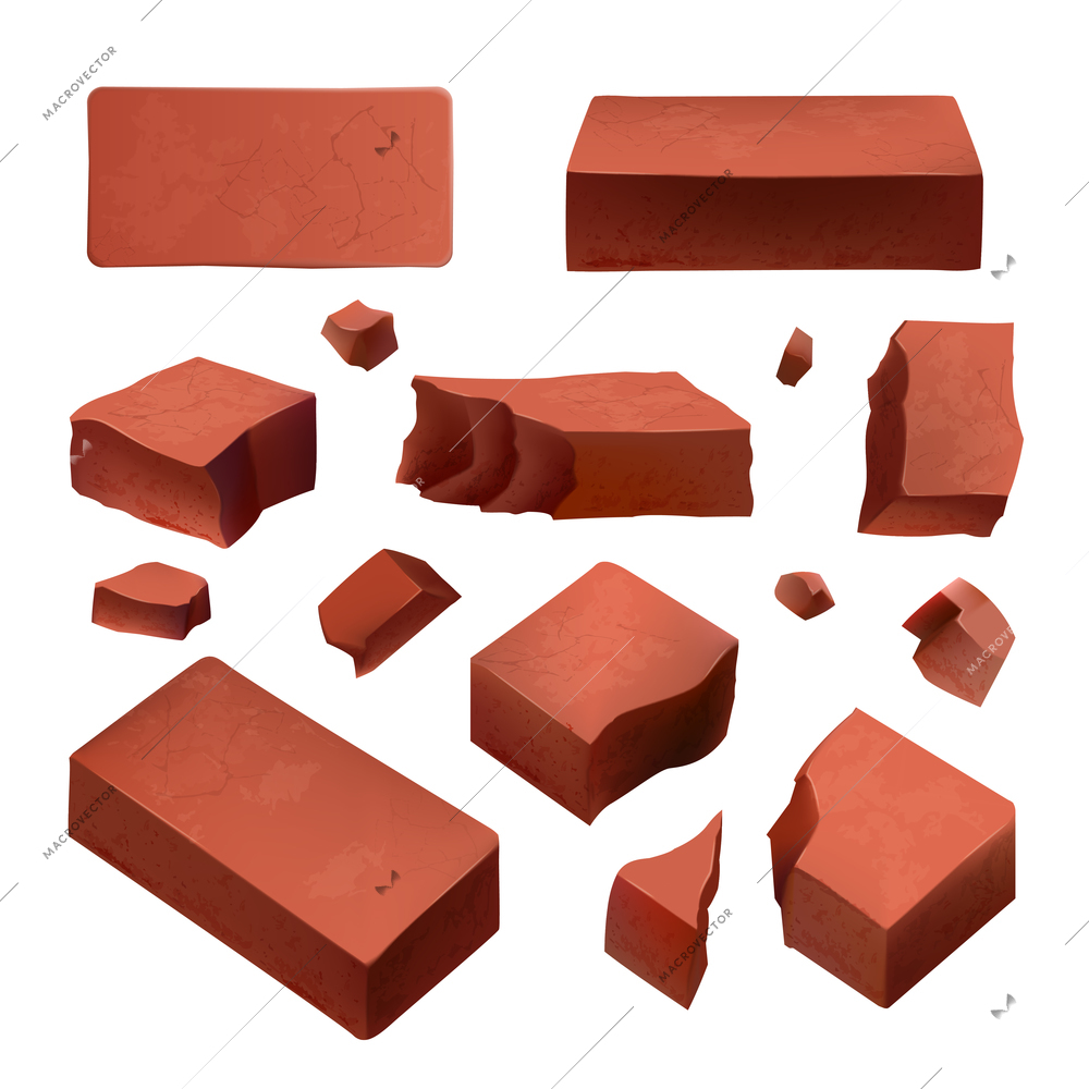 Whole and shards red brick pieces realistic set isolated on white background vector illustration