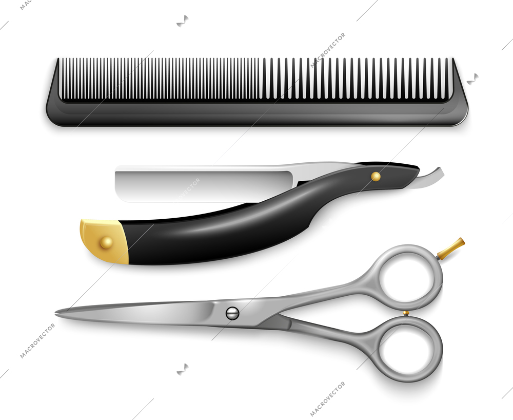 Realistic set of man barber tools with comb razor and scissors isolated vector illustration