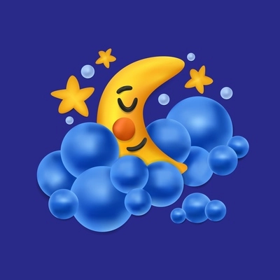 Sleeping cartoon plasticine moon floating in clouds at night sky background realistic vector illustration