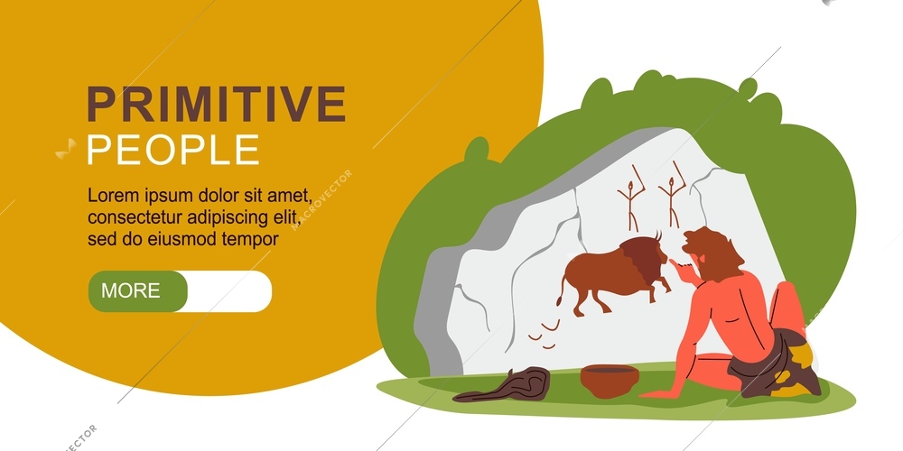 Primitive people horizontal banner with cavemen character dressed in animal pelts making rock painting flat vector illustration