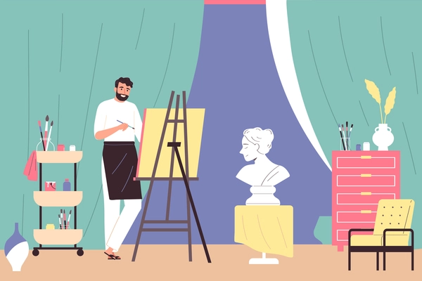 Artist painting studio with indoor view of man drawing on easel with sculpture curtains and furniture vector illustration