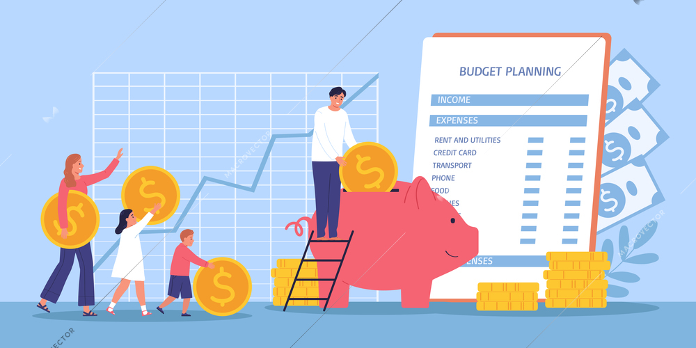 Budget planning flat background with family putting coins into piggy bank list of expenses and financial chart vector illustration