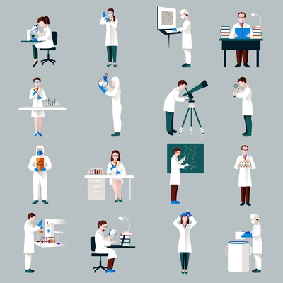 Scientists characters set with male and female people in laboratory isolated vector illustration