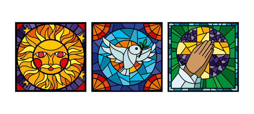 Mosaic glass square windows set with geometric pattern sun cross and bird cartoon symbols isolated vector illustration