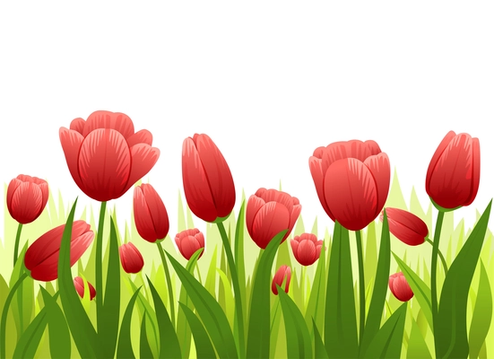 Spring flowers flat composition with green floral stalks with leaves and red buds on blank background vector illustration