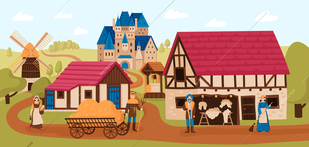 Medieval composition with outdoor summer landscape with mill buildings characters of peasants and castle on hill vector illustration