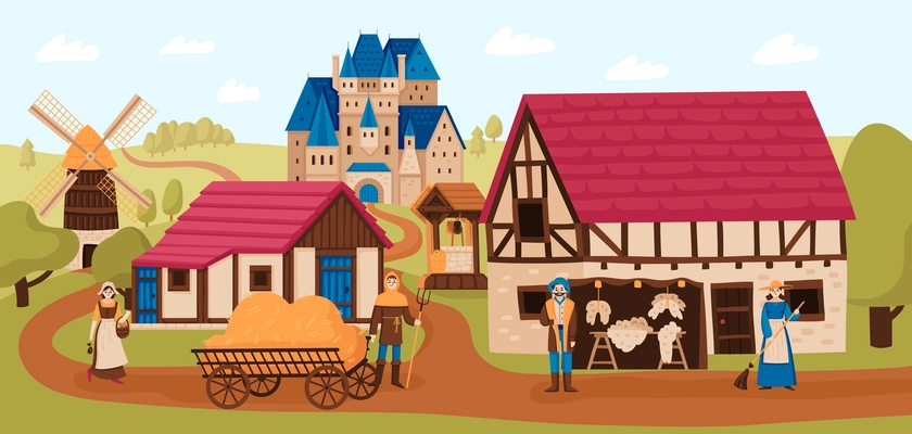 Medieval composition with outdoor summer landscape with mill buildings characters of peasants and castle on hill vector illustration