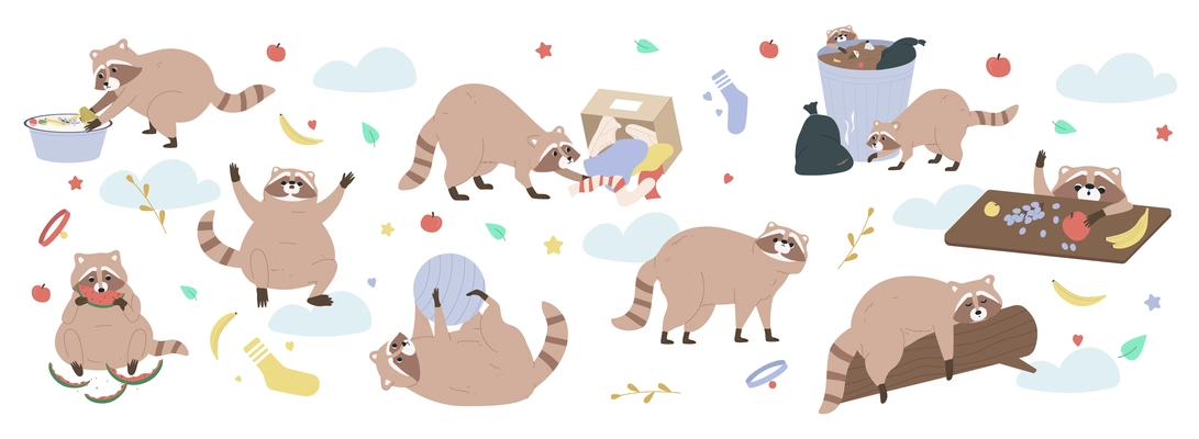 Cute raccoon flat background with funny animals doing various activities vector illustration