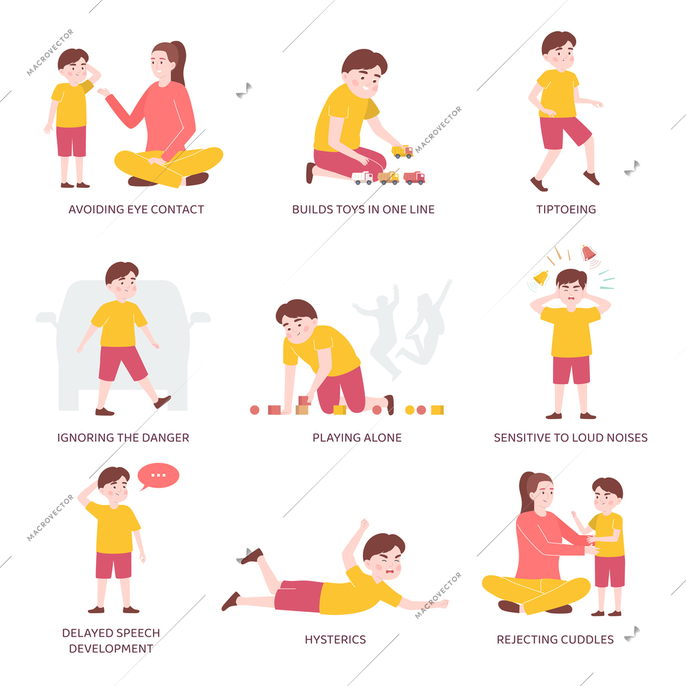 Signs of autism flat color set with text captions and child with mental health disorder isolated vector illustration