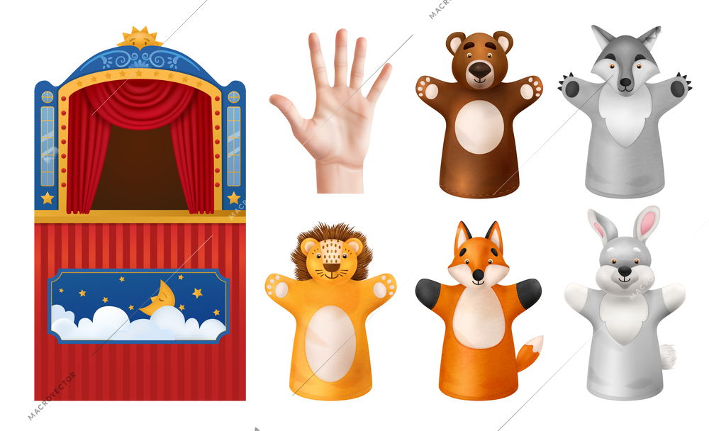 Realistic children puppet theater set with funny animal hand toys and booth with curtains isolated vector illustration