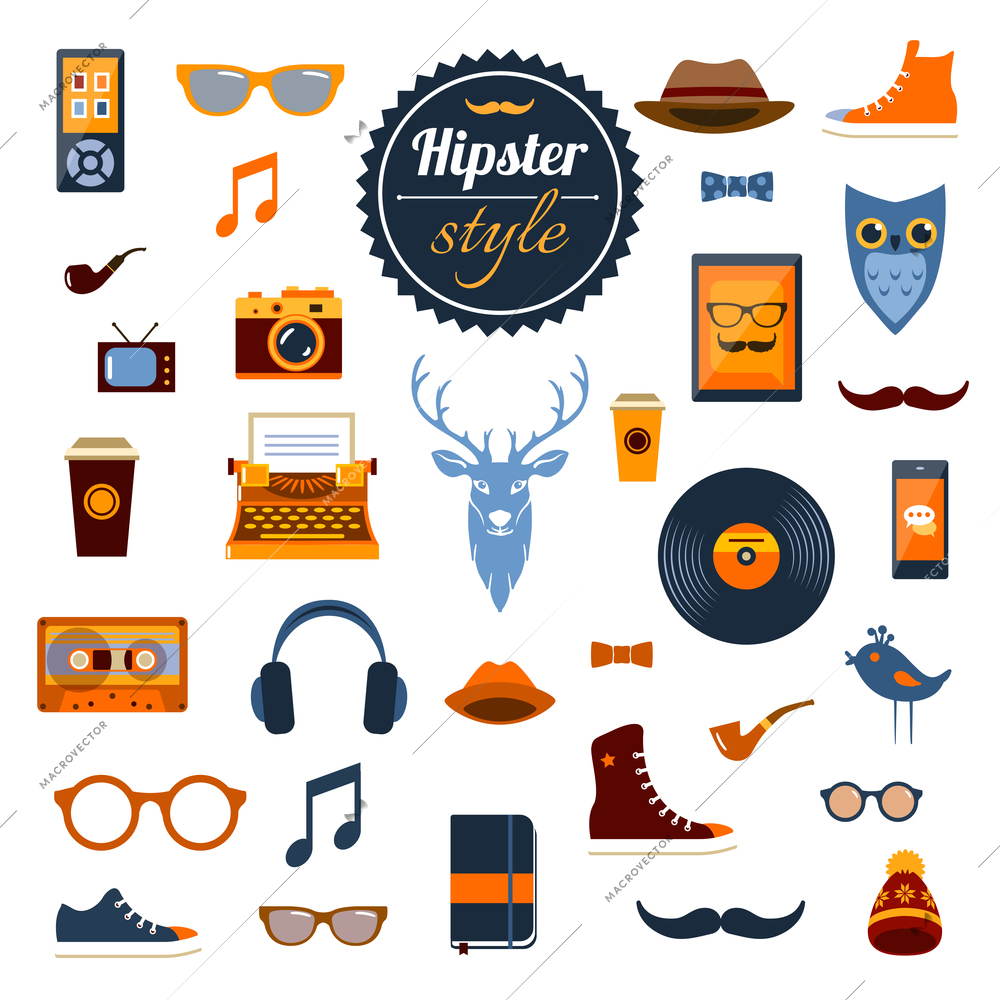 Hipster elements set with nerd clothing accessory and hobby icons isolated vector illustration