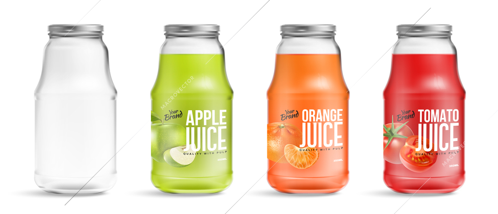 Realistic glass jars set with isolated images of bottles empty with apple orange and tomato juice vector illustration