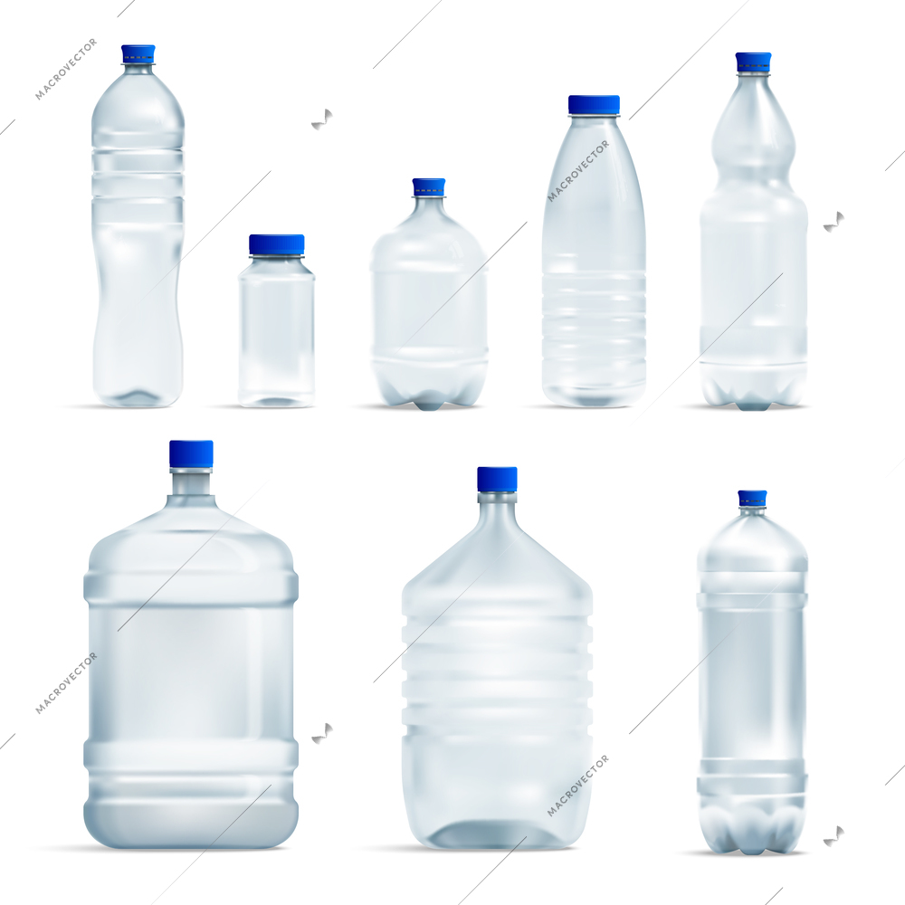 Realistic plastic water bottle set with isolated images of transparent containers with caps on blank background vector illustration