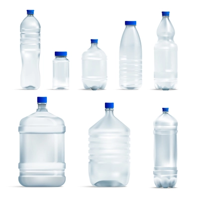 Realistic plastic water bottle set with isolated images of transparent containers with caps on blank background vector illustration