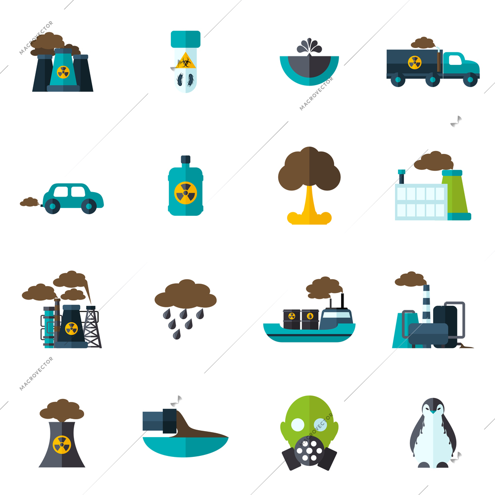 Pollution garbage and chemical waste icon flat set isolated vector illustration