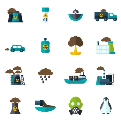 Pollution garbage and chemical waste icon flat set isolated vector illustration