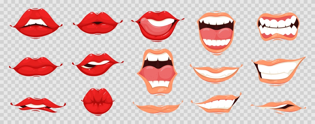 Human mouth cartoon color hand drawn set of various emotional gestures on transparent background isolated vector illustration