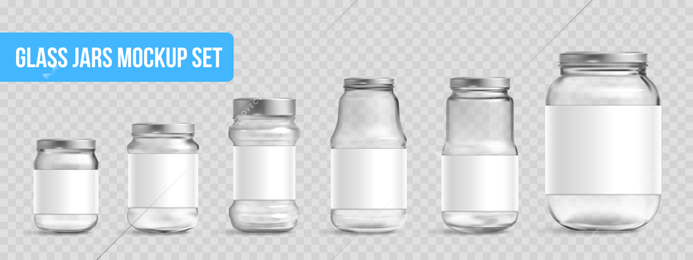 Different empty closed glass jar mockup realistic set on transparent background isolated vector illustration