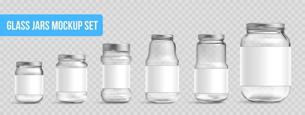 Different empty closed glass jar mockup realistic set on transparent background isolated vector illustration