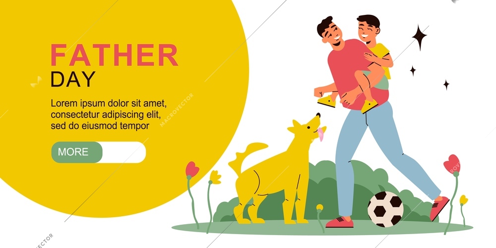 Flat and colored father day horizontal banner with headline and more button vector illustration