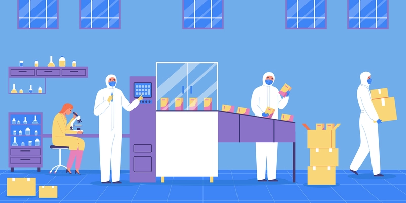 Pharmaceutical production flat background with scientist conducting laboratory research and staff in white suits on conveyor vector illustration