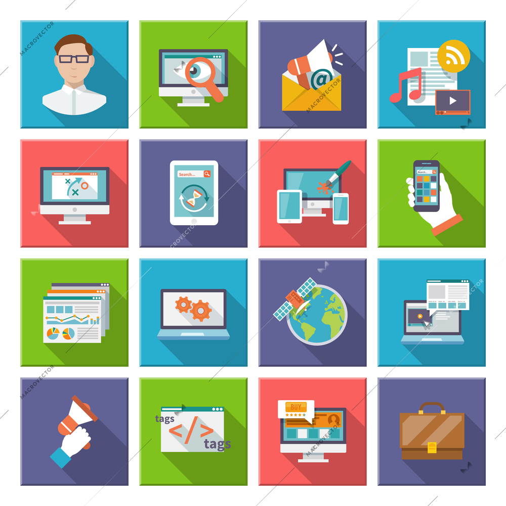 Seo internet marketing computer design elements flat icon set isolated vector illustration